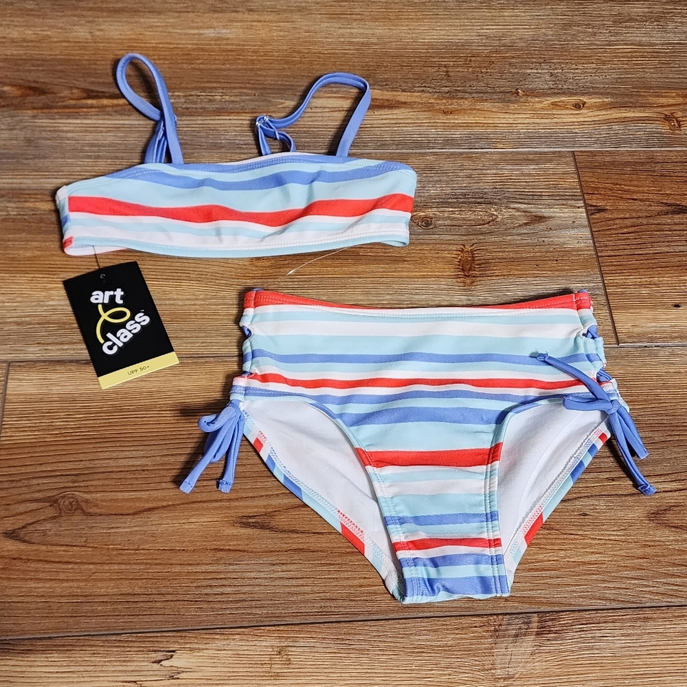 Art Class Bikini Swimsuit Girls XS Blue Striped NEW
